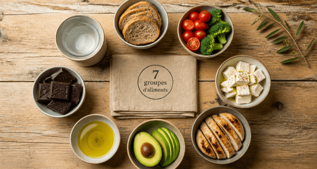 les 7 groupes d aliments tableau sur une table