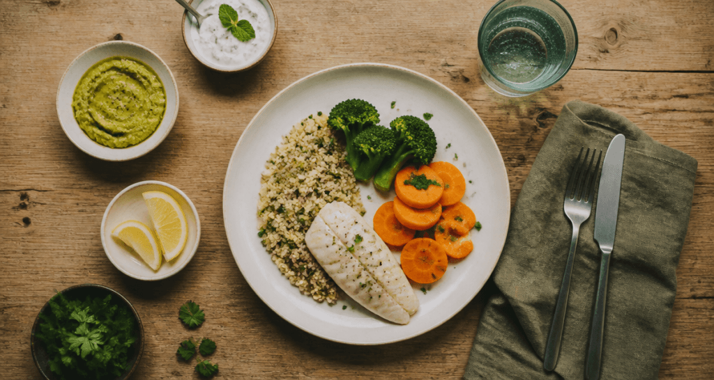 menu semaine sans graisse assiette poisson légumes quinoa