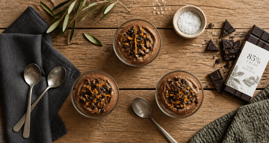 mousse chocolat sans sucre en verrines sur table bois