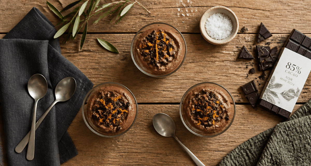 mousse chocolat sans sucre en verrines sur table bois