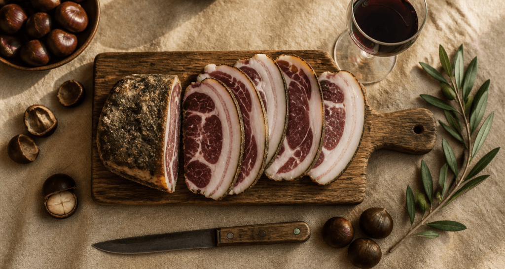 tranches de panzetta corse sur planche en bois