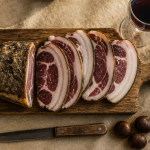 tranches de panzetta corse sur planche en bois
