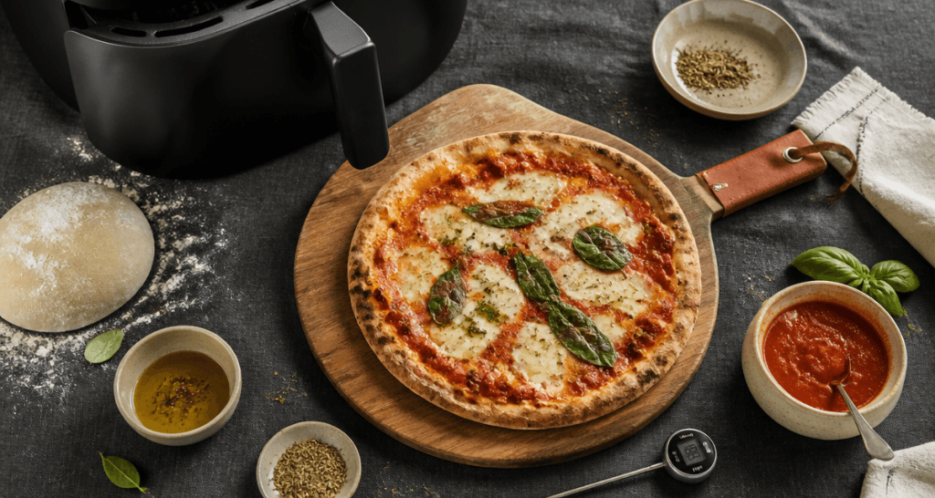 Pizza in an air fryer Margherita sur planche bois