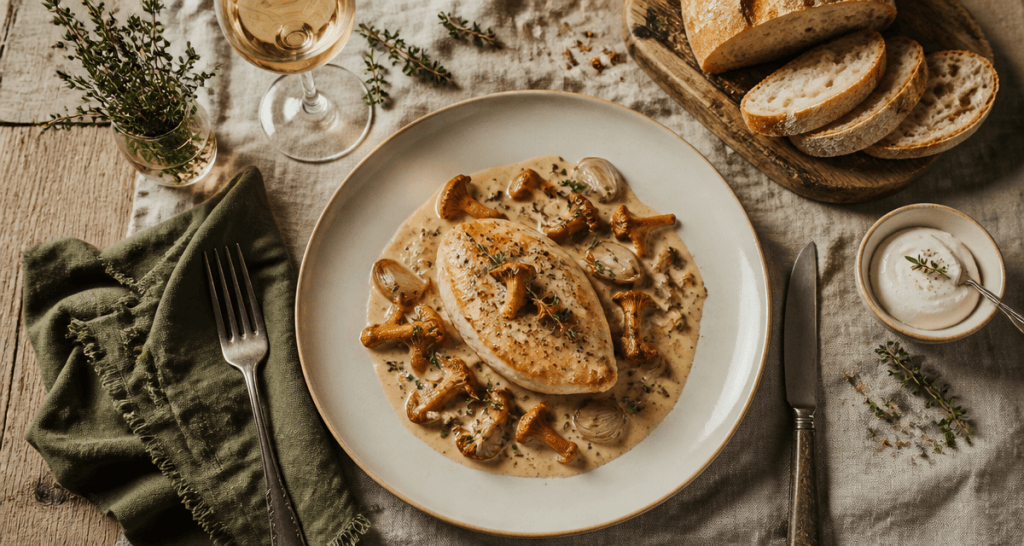 Poulet girolles crème vin blanc assiette