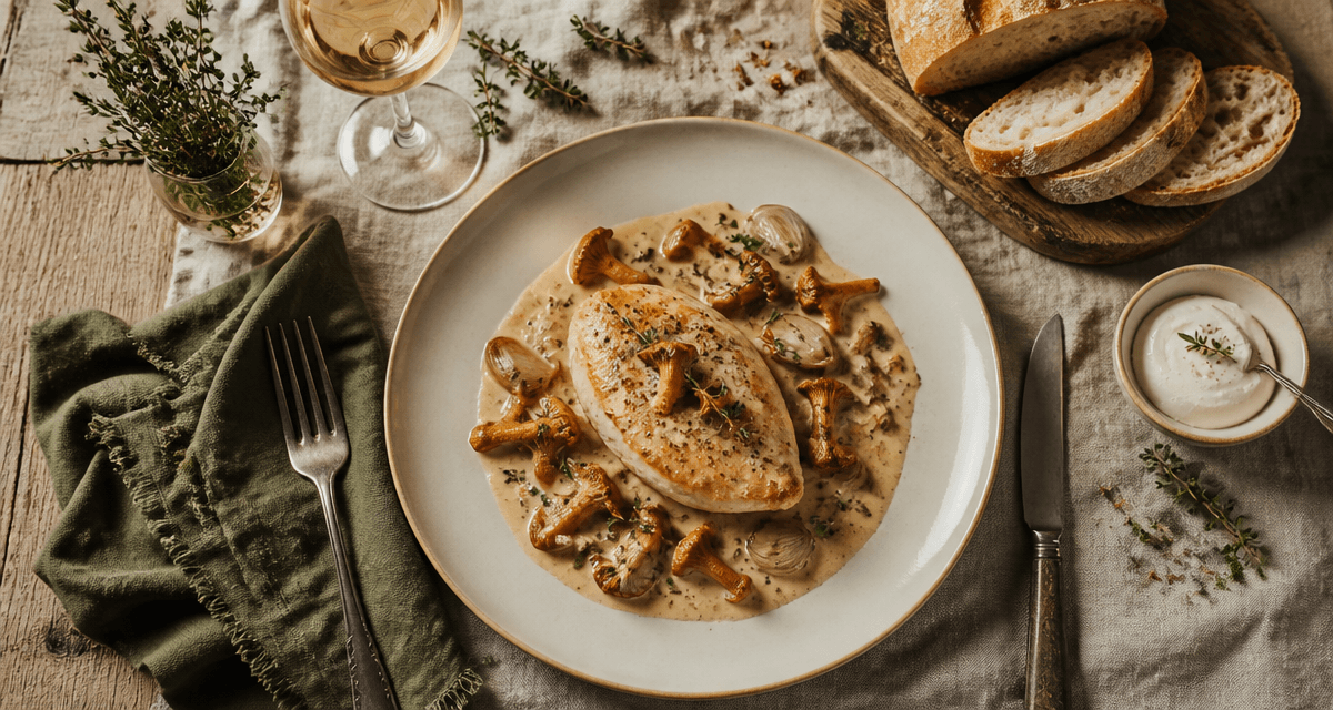 Poulet girolles crème vin blanc assiette
