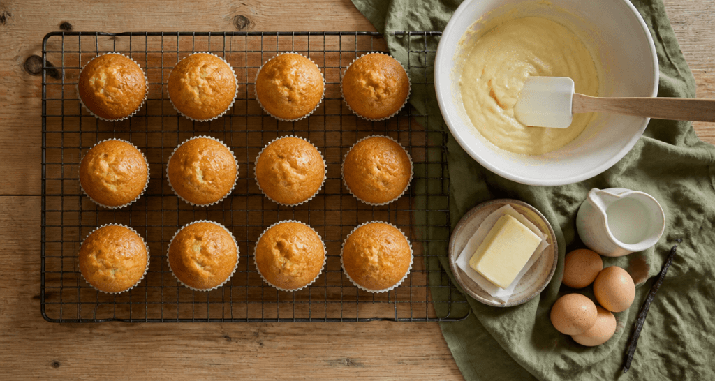 recette pour muffins nature dorés sur table rustique