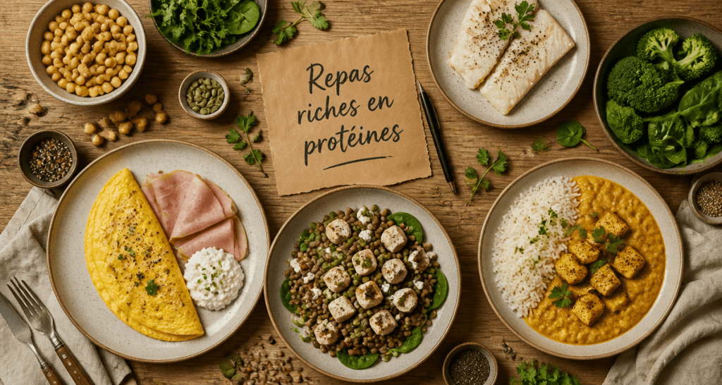 repas riche en proteine assiettes variées