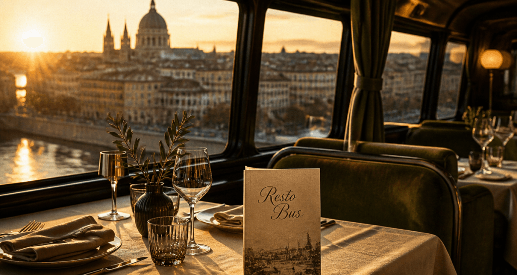 Intérieur resto bus vitré au coucher du soleil