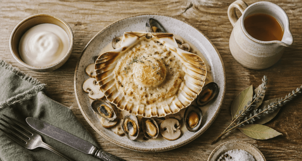 saint jacques a la normande gratinées sur table rustique