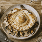 saint jacques a la normande gratinées sur table rustique