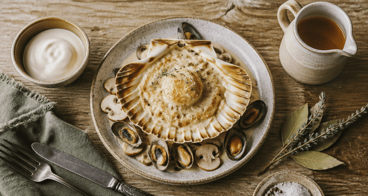 saint jacques a la normande gratinées sur table rustique