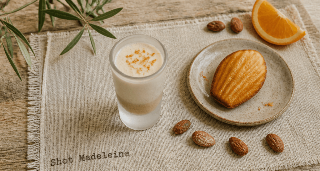Shot madeleine mousse onctueuse, madeleine dorée, amandes, orange