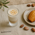 Shot madeleine mousse onctueuse, madeleine dorée, amandes, orange