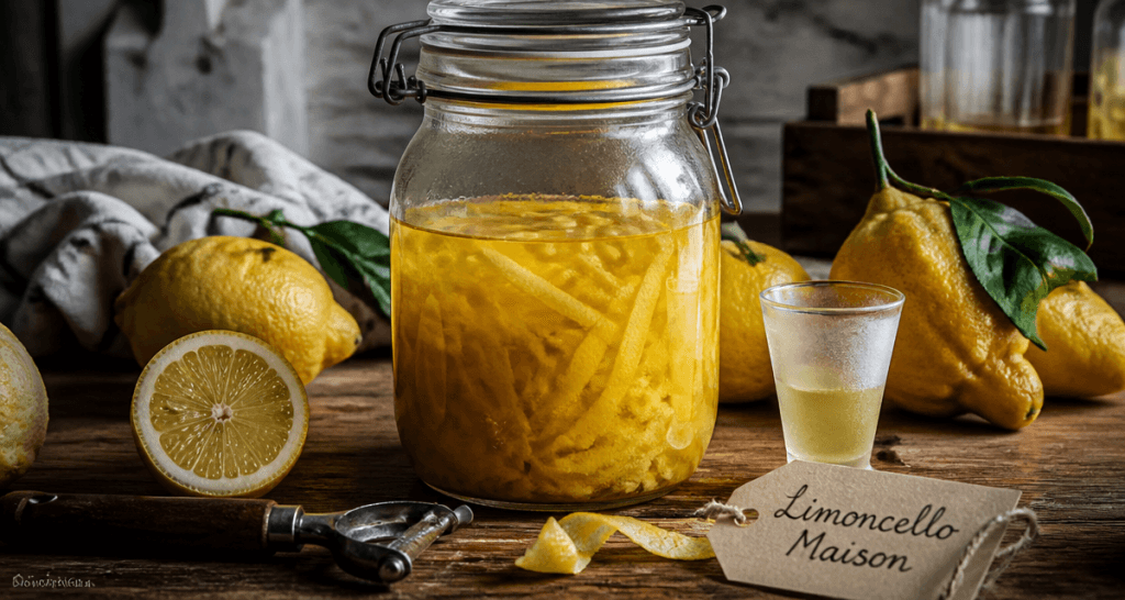 alcool limoncello maison sur table avec citrons