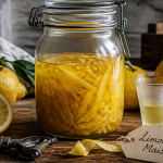 alcool limoncello maison sur table avec citrons