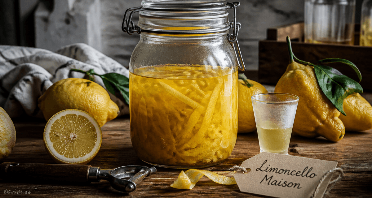 alcool limoncello maison sur table avec citrons