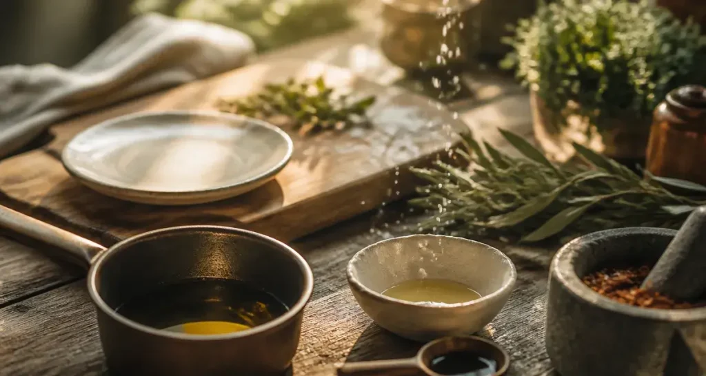 Assaisonnement : épices, sel fin et huile d’olive sur table en bois