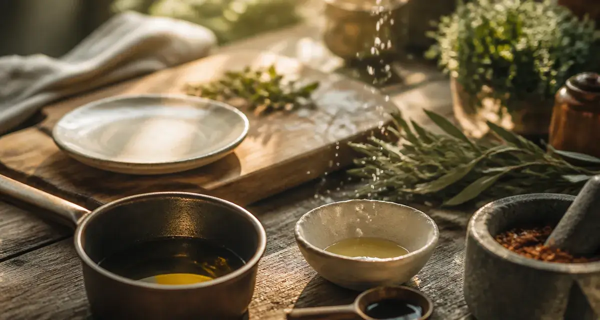 Assaisonnement : épices, sel fin et huile d’olive sur table en bois