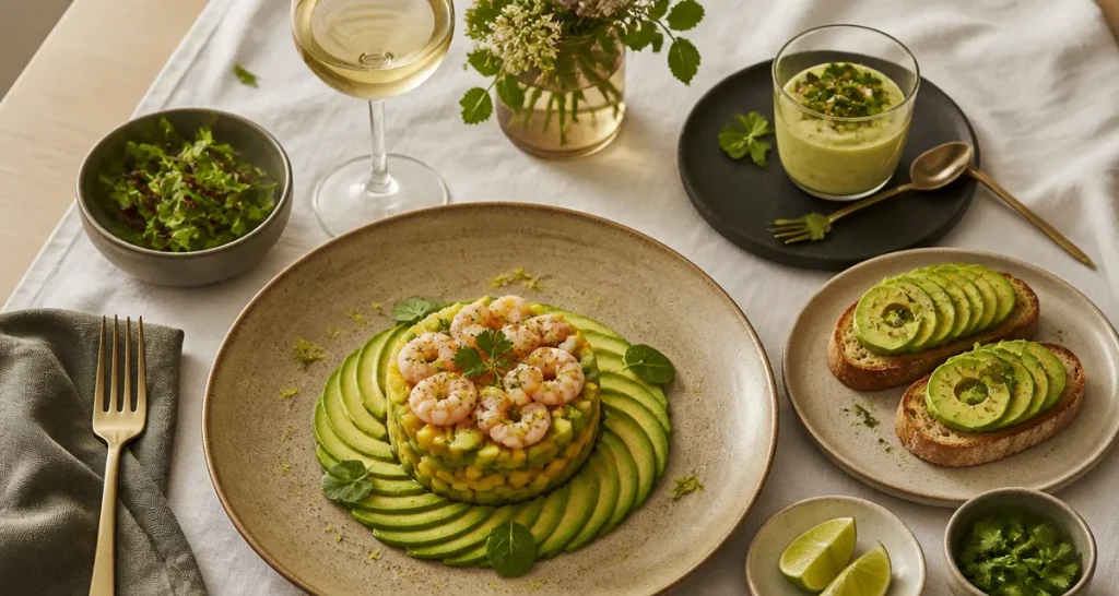 Avocat en entrée dressé en tartare mangue crevette