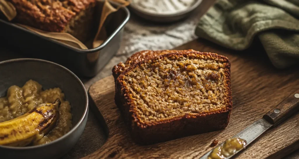 Tranche de banana bread ultra moelleux fondante sur planche en bois