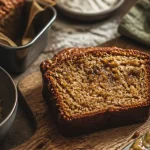Tranche de banana bread ultra moelleux fondante sur planche en bois