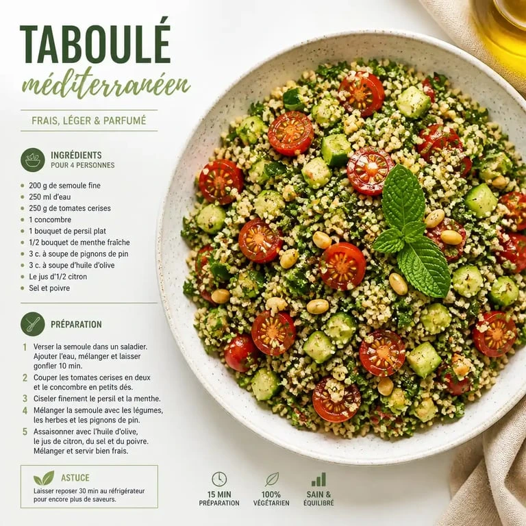 Recette taboulé méditerranéen frais et coloré dans une assiette
