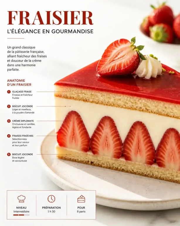 Part de fraisier sucré et gourmand avec fraises fraîches et crème diplomate