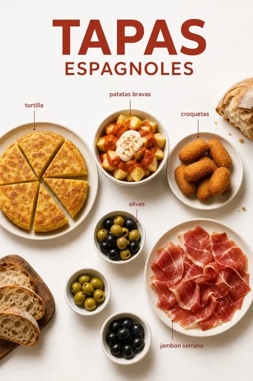 Assortiment de tapas espagnols variés sur une table conviviale