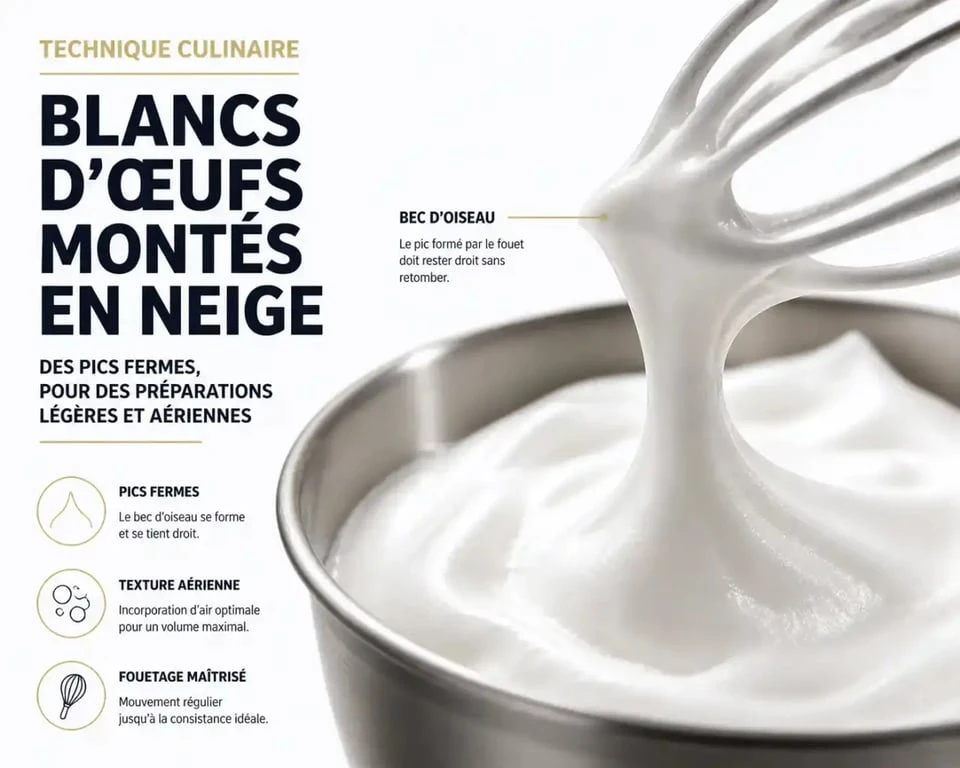 Blancs d'œufs montés en neige avec des pics fermes pour réussir vos recettes.