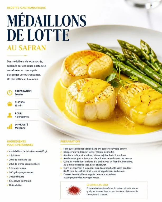 Recette de lotte raffinée au safran et asperges vertes dressée sur une assiette gastronomique