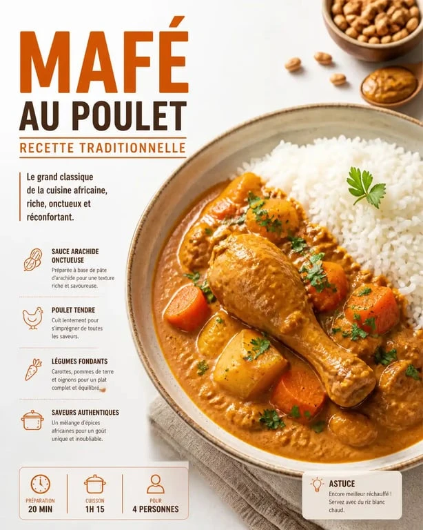 Plat de Mafé au poulet traditionnel, un met africain emblématique servi avec du riz