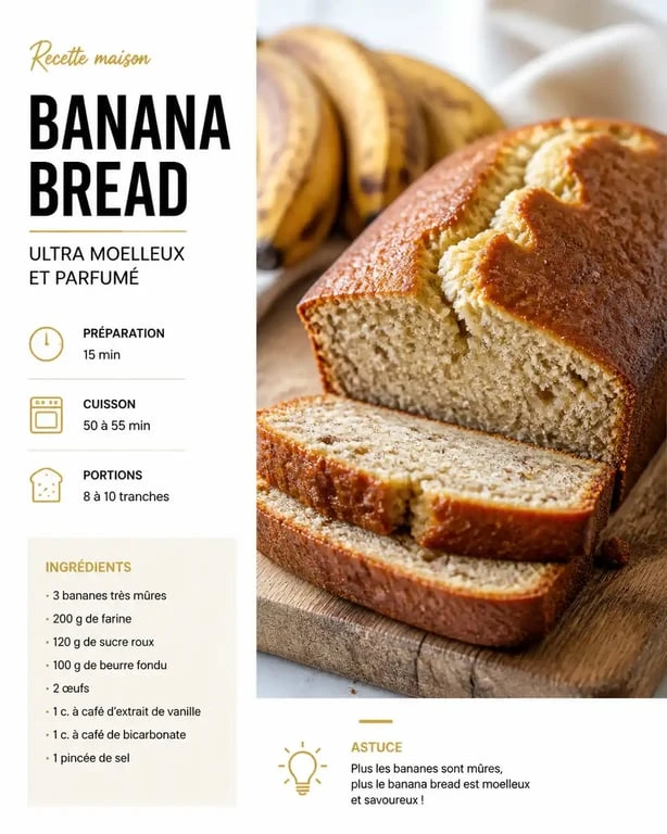 Banana bread ultra moelleux tranché sur une planche en bois