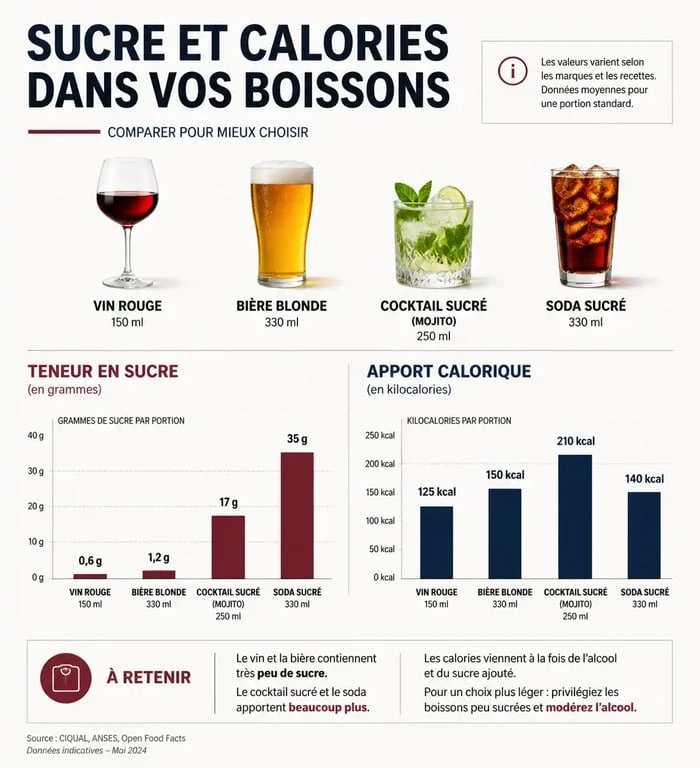 Infographie comparant le sucre et les calories dans les boissons alcoolisées et le morceau de sucre dans l'alcool