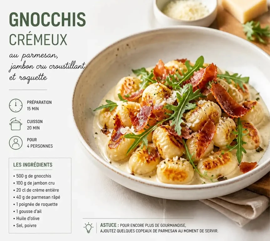 Gnocchis poêlés à la crème de parmesan et jambon cru, une idée d'accompagnement gourmande pour vos gnocchis