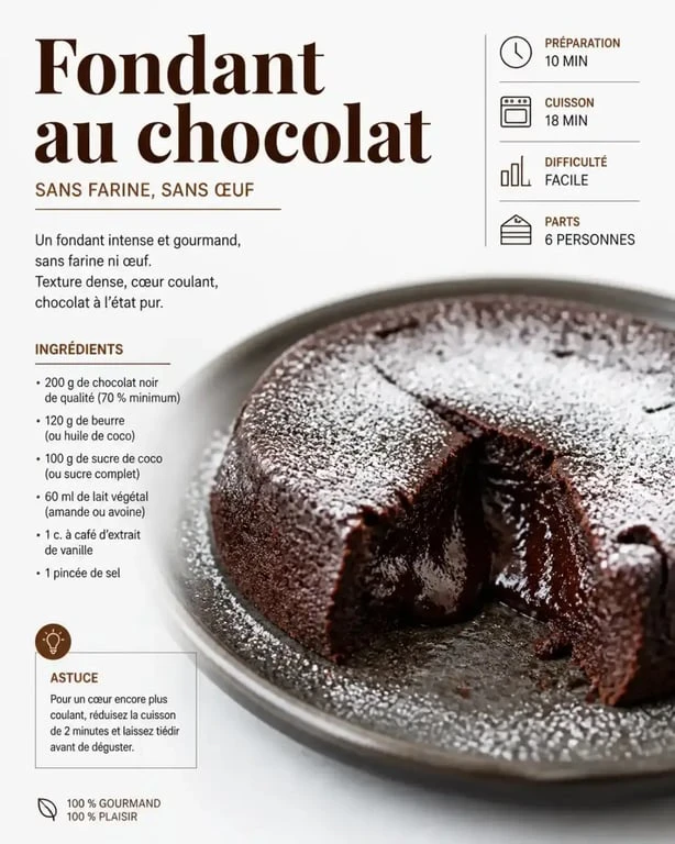 Fondant au chocolat intense sans farine et sans œuf, une recette gourmande et facile.
