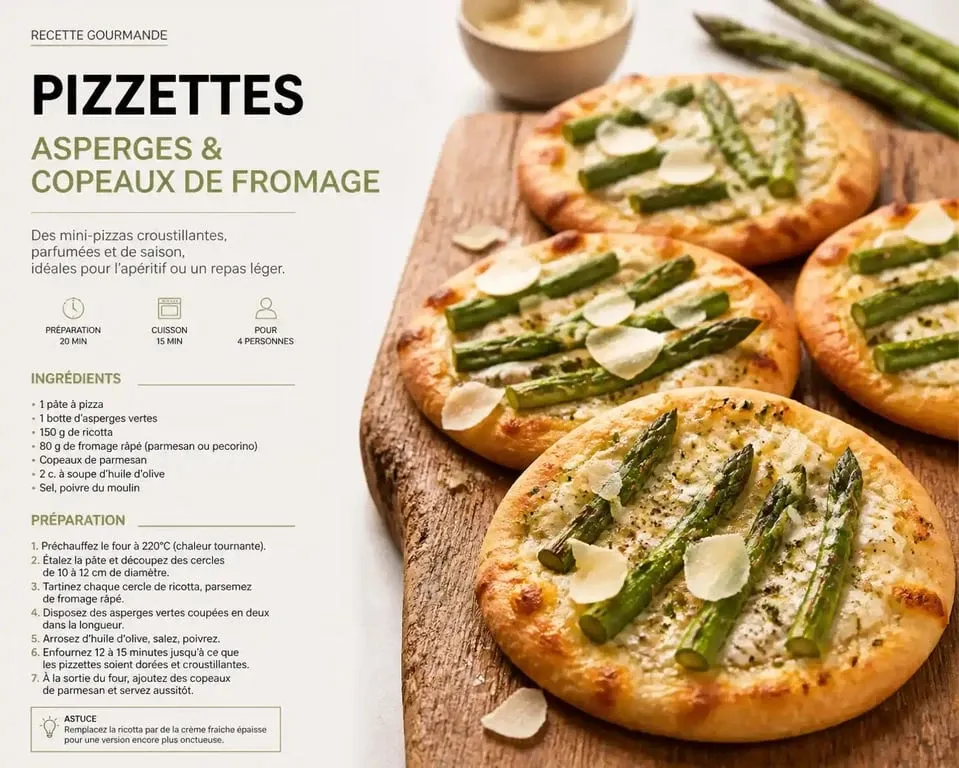Pizzetes aux asperges vertes et Ossau-Iraty dressées sur une planche en bois