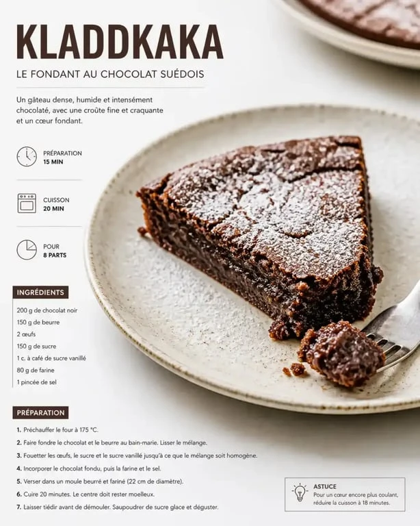 Kladdkaka suédois, gâteau au chocolat fondant et dense, servi sur une assiette.