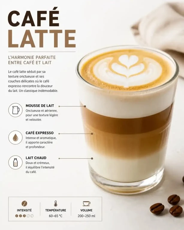 Café latte maison avec mousse onctueuse et latte art