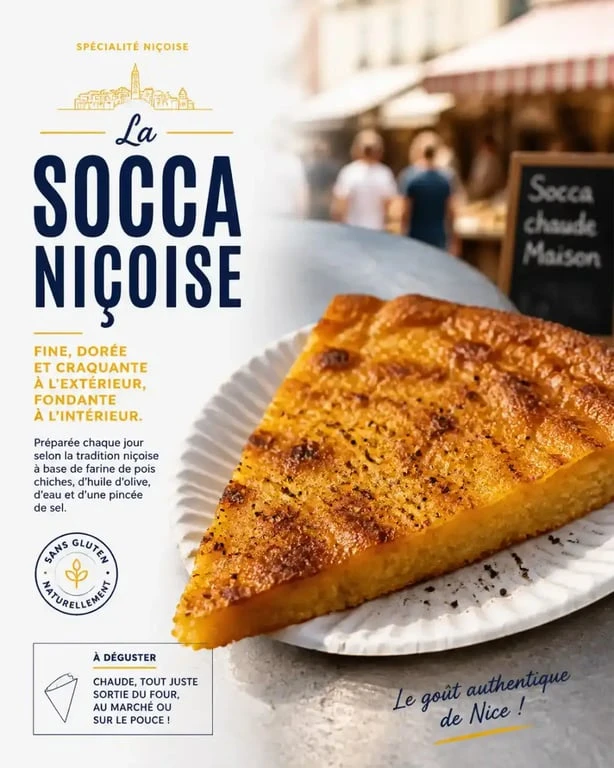 Part de socca niçoise traditionnelle avec du poivre, spécialité culinaire emblématique de Nice
