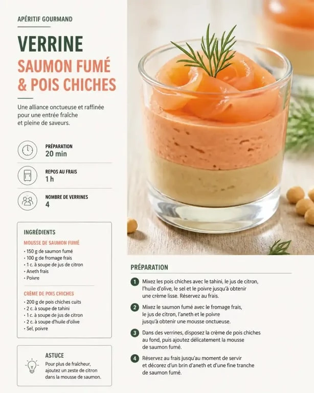 Verrine apéro à congeler : mousse de saumon fumé et crème de pois chiches prête à être servie