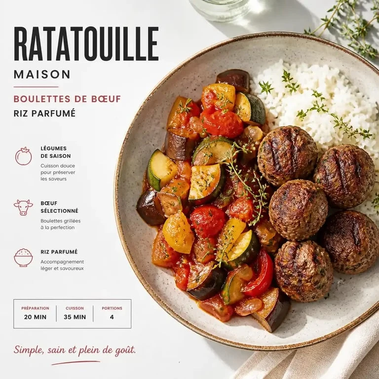 Assiette de ratatouille avec accompagnement de boulettes de bœuf et riz