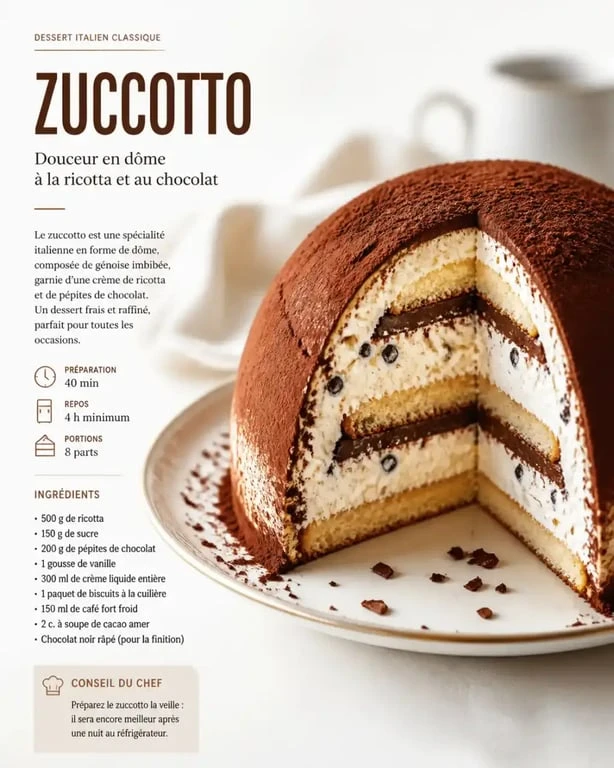 Zuccotto italien traditionnel coupé en parts sur une assiette