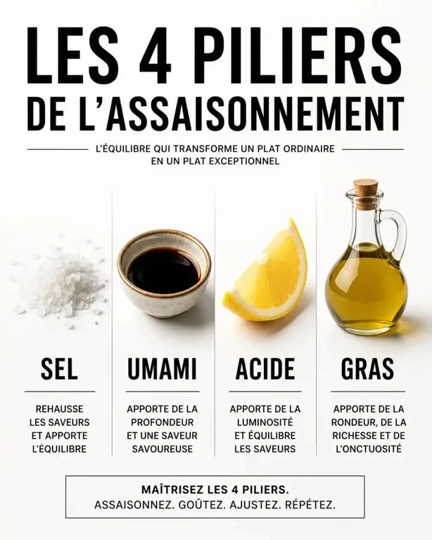 Les quatre piliers de l'assaisonnement : sel, umami, acidité et gras pour réussir ses plats.