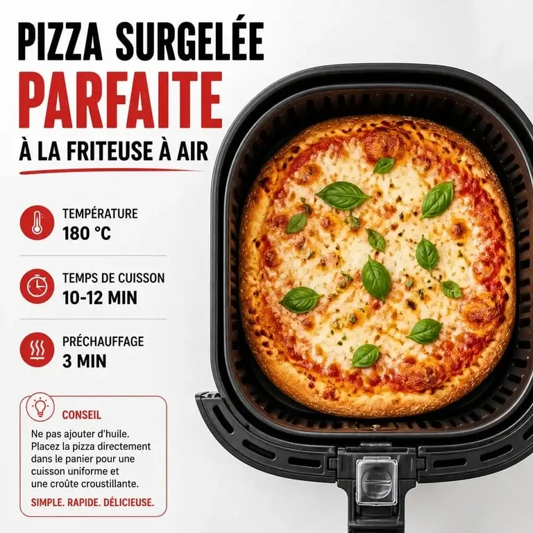 Pizza surgelée cuite dans un airfryer avec une pâte croustillante et du fromage fondant
