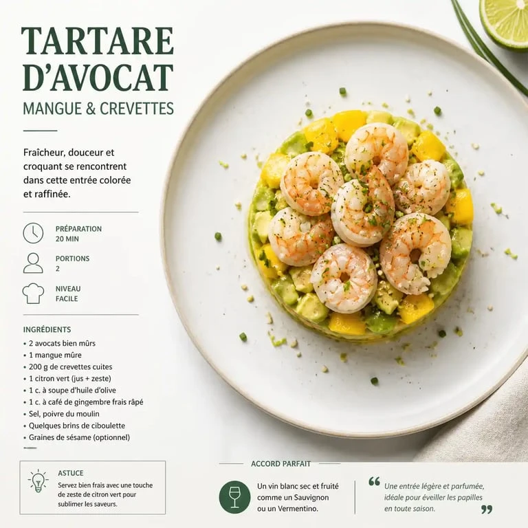 Tartare d'avocat à la mangue et crevettes, une idée d'avocat en entrée raffinée et colorée.