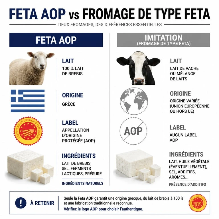 Comparatif visuel entre feta AOP authentique et imitation pour bien choisir sa marque de feta