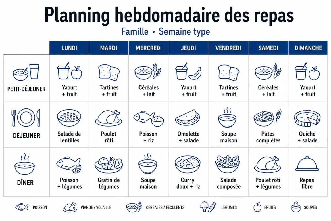 Exemple de planning de menu famille pour la semaine organisé et équilibré