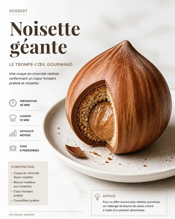Gâteau trompe l'œil en forme de noisette géante sur une assiette
