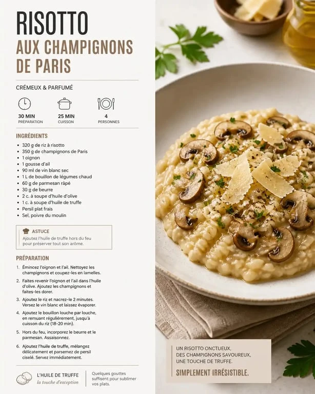 Risotto crémeux aux champignons de Paris et huile de truffe, recette signature de La Cuisine de Fabrice