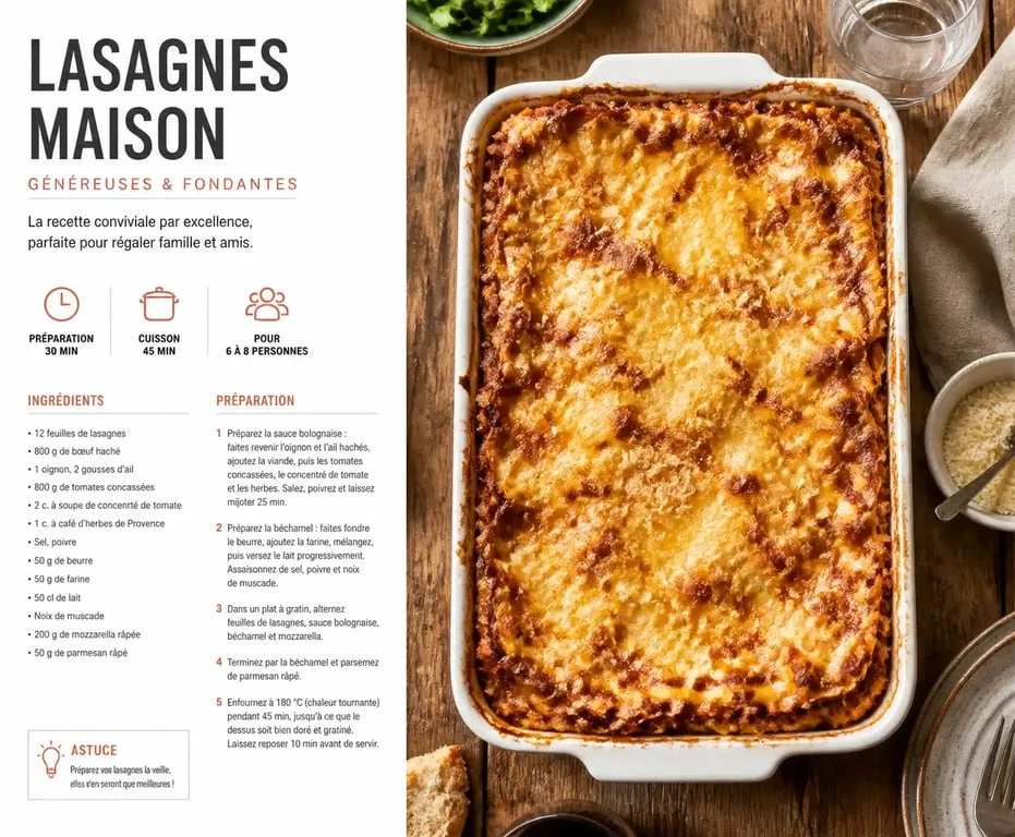 Grand plat de lasagnes pour 10 personnes, recette idéale pour un repas de groupe convivial